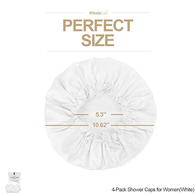 Shower Cap for Women Reusable Extra Large Shower Cap for Men (White 4 Pack Large) Satin Double Layer EVA Waterproof Long Hair Cap
