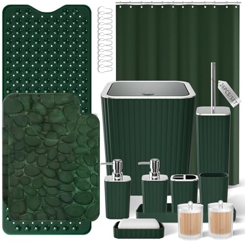 XLHOMO 26PC Bathroom Accessories Set - Gorgeous Green Bathroom Set, Bathroom Accessory Set, Shower Curtain Set with Bathtub Mats for Shower Tub, Trash Can & Soap Dispenser by BetterbathroomwithXLHOME