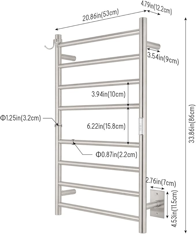 Wall Mounted Towel Warmer 8 Bars with Plug-in and Hardwired Options 3 Working Modes Brushed Stainless Steel 21” W 34” H