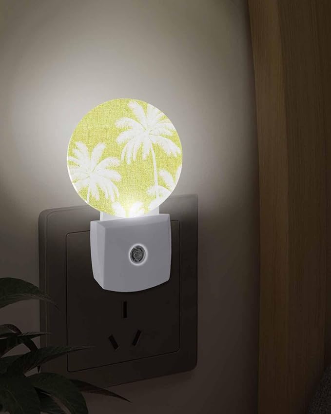Night Lights Auto Sensor Tropical Palm Trees Night Light Lemon Yellow Linen Coastal Round Lamp Plug-in LED Nightlights Dusk to Dawn for Living Room Bedroom Bathroom Hallway Wall Decor
