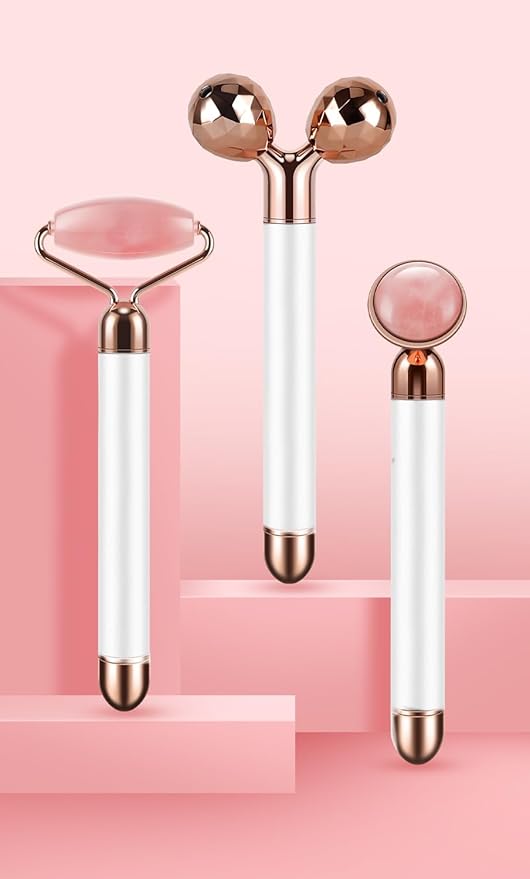 DANGSHAN 3-in-1 Electric Jade Roller 3D Roller Facial Roller & Face Massager, Rose Quartz
