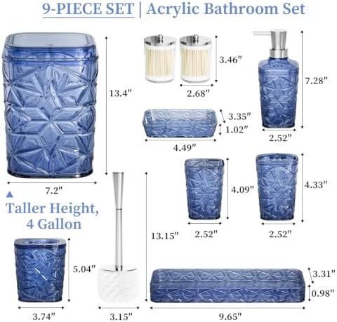Bathroom Accessory Set, 9-Piece Blue Bathroom Set with Trash Can, Toilet Brush, Soap Dispenser, Soap Dish, Toothbrush Holder, Tumbler, Q-tip Holders & Tray, for Hotel/Apartment, Housewarming Gift - Image 2