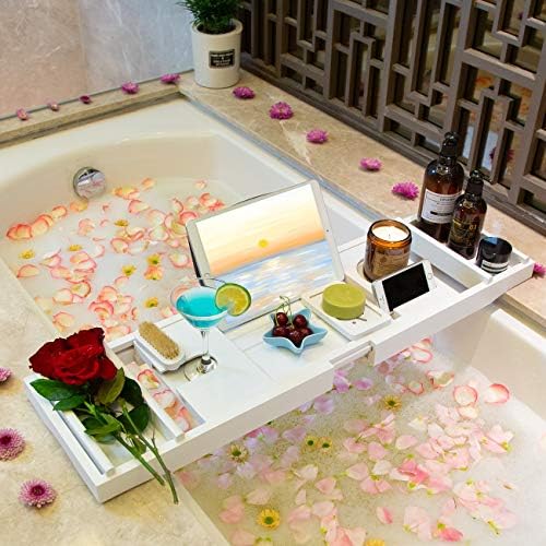 Bathtub Caddy Tray for Luxury Bath - Bamboo Waterproof Expandable Bath Table Over Tub with Wine and Book Holder and Free Soap Dish (White) - Image 2
