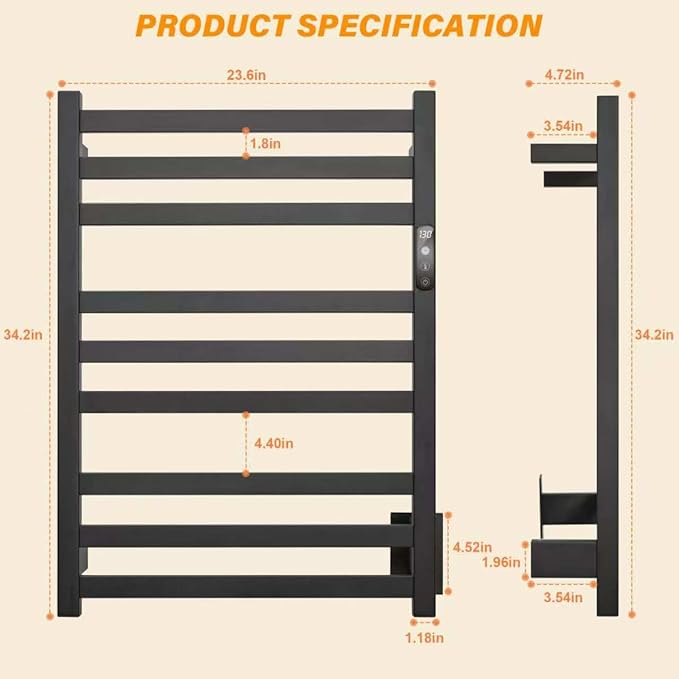 9-Bar Towel Warmer, Wall-Mounted Electric Heated Rack for Bathroom, 24-Hour Timer Smart Switch, 304 Stainless Steel Heated Towel Holder, Hard Wired an Plug in Electric Heated Dryer