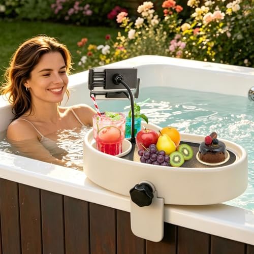 Hot Tub Table Tray with Adjustable Phone Holder, Nonslip Bathtub Table Tray Between 2.4-7.4" Hot Tub Accessories for Adults with 2 Cup Holders, Clip-on Pool Side Table for Above Ground Bathtub (Beige) by Unknown