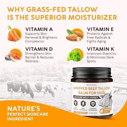RICHGRAND Beef Tallow for Skin - Whipped Tallow and Honey Balm - Grass Fed Beef Tallow for Face, Daily Moisturizer & Body Butter - Natural Non Comedogenic Skincare - Image 4
