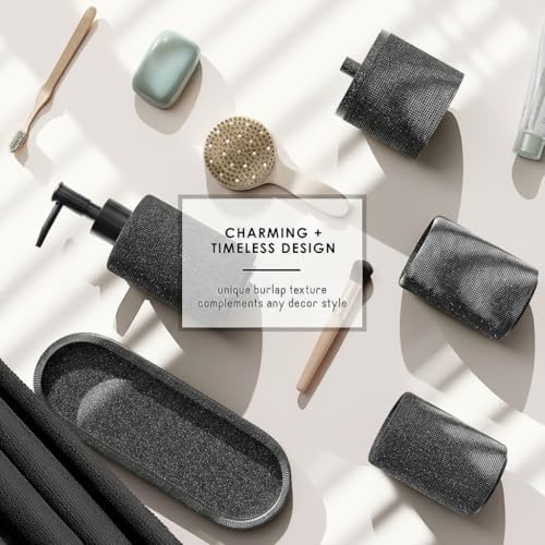 Clara Clark Bathroom Set - Coal Black Bathroom Accessories Set, 5PC Bathroom Accessory Set, Bathroom Sets with Soap Dispenser, Toothbrush Holder, Tumbler, Cotton Swab Jar & Vanity Tray - Image 5