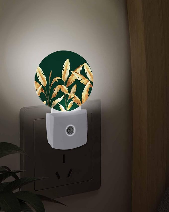 Night Lights Auto Sensor Golden Foliage Night Light Green Minimalist Leaf Round Lamp Plug-in LED Nightlights Dusk to Dawn for Living Room Bedroom Bathroom Hallway Wall Decor