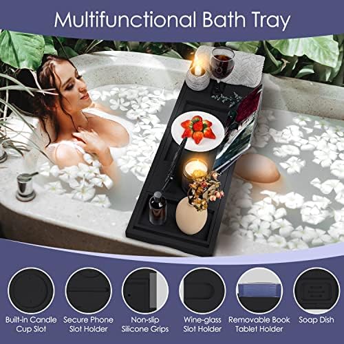 Foldable Bathtub Tray Caddy with Soap Dish Adjustable 29.5-43''Black - Image 2