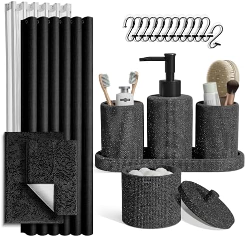 Clara Clark Coal Black Bathroom Set - Bathroom Sets with Shower Curtain and Rugs, 21PC Bathroom Accessory Set, Shower Curtain Set with Soap Dispenser & Toothbrush Holder by ClaraClark