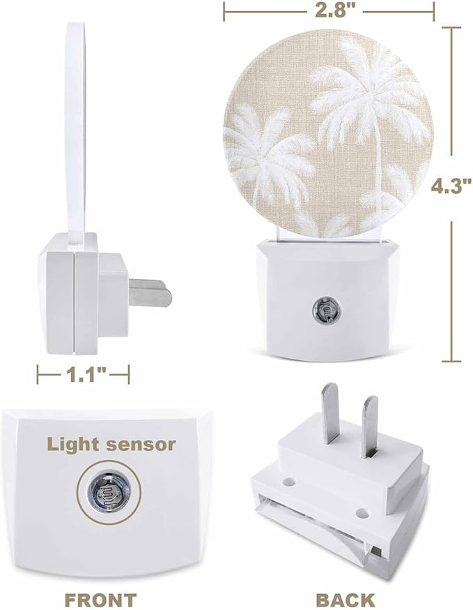 Night Lights Auto Sensor Tropical Palm Trees Night Light Beige Linen Coastal Round Lamp Plug-in LED Nightlights Dusk to Dawn for Living Room Bedroom Bathroom Hallway Wall Decor