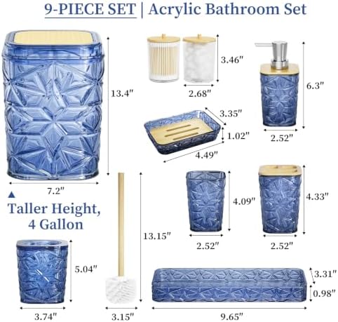 Bathroom Accessory Set, 9-Piece Blue Bathroom Set with Trash Can, Toilet Brush, Soap Dispenser, Soap Dish, Toothbrush Holder, Tumbler, Q-tip Holders & Tray, for Hotel/Apartment, Housewarming Gift - Image 2