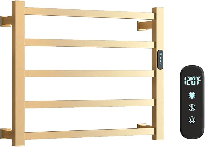 Luxury Heated Towel Rack Wall Mounted Towel Warmers, 5 Bars Towel Warmer Rack for Bathroom with Timer & Temperature Multi-Level Adjustable, Hardwired and Plug-in Compatible (Brushed Gold)