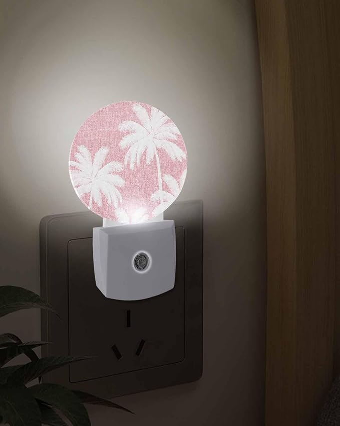 Night Lights Auto Sensor Tropical Palm Trees Night Light Pink Linen Coastal Round Lamp Plug-in LED Nightlights Dusk to Dawn for Living Room Bedroom Bathroom Hallway Wall Decor