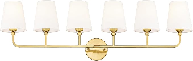 Bathroom Light Fixtures, 42 Inch Brushed Gold Vanity Lights with Flared White Fabric Shade, 6-Light Wall Sconce, Modern Sconces Wall Lighting for Hallway Bedroom, VL837-BG-6