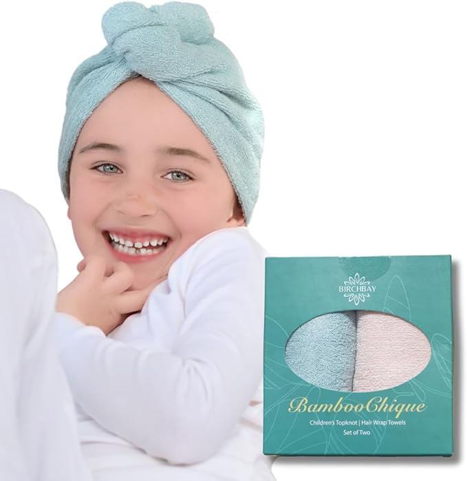 Hair Towel Wrap for Kids | 100% Bamboo Viscose |Tailored Small | Essential Hair Drying Wrap for Bath, Beach, Pool and Spa | Hair Accessory for Girls | Set of 2 | Seafoam Blue + Seashell Blush Pink