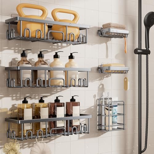 Veken Shower Caddy 6-Pack, No Drilling & Rustproof, Waterproof Adhesive Shelves Rack with Soap Holder, Large Capacity Bathroom Organizers and Storage, Wall-Mounted Kitchen & Home Decor, Silver Gray by Veken