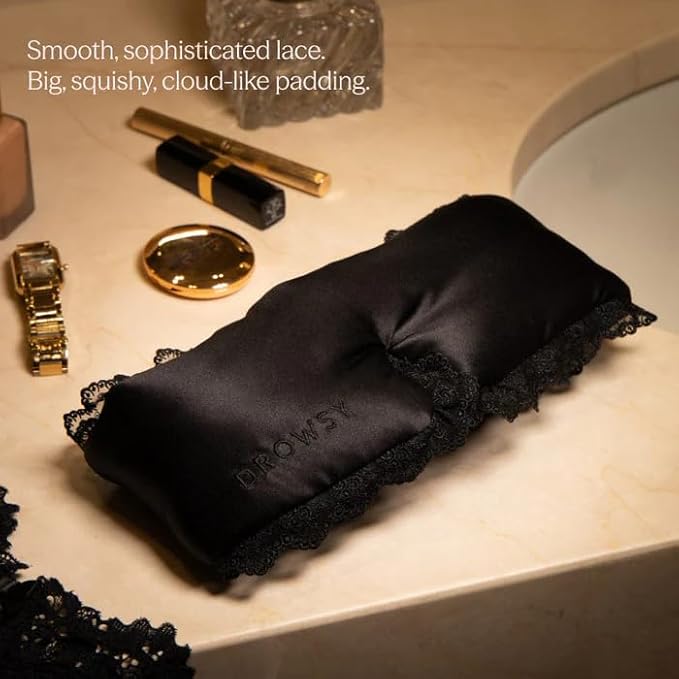 DROWSY Silk Sleep Mask. Face-Hugging, Padded Silk Cocoon for Luxury Sleep in Total Darkness. (Black Lace, 1 Count (Pack of 1))