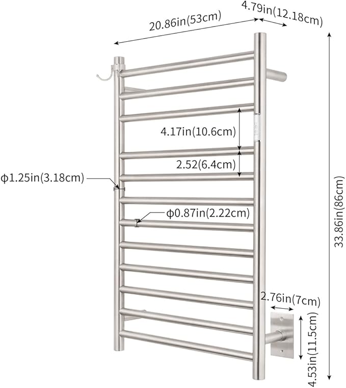 Wall Mounted Towel Warmer 12 Bars with Plug-in and Hardwired Options 3 Working Modes Brushed Stainless Steel 21” W 34” H