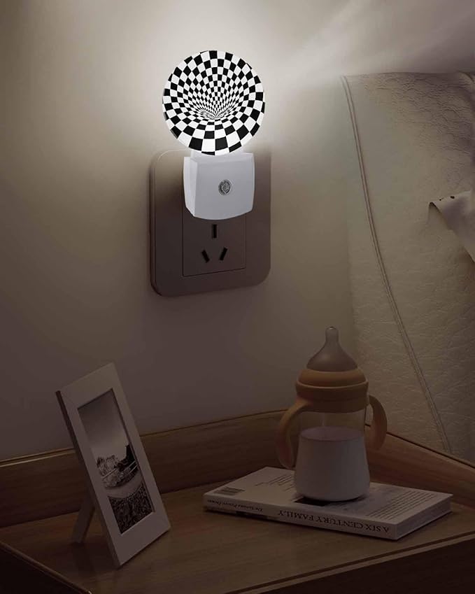 Night Lights Auto Sensor Black White Checker Night Light 3D Abstract Mosaic Tiles Round Lamp Plug-in LED Nightlights Dusk to Dawn for Living Room Bedroom Bathroom Hallway Wall Decor