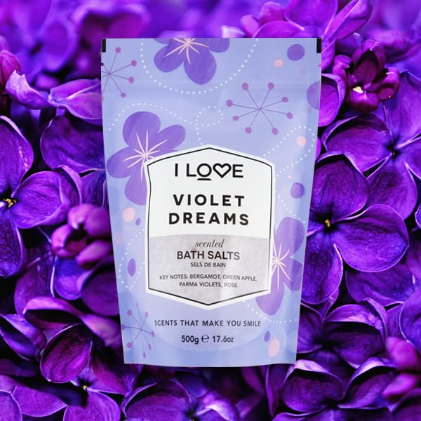 I LOVE Violet Dreams Bath Salts - Calming Bath Soak with Violet and Rose Fragrance - Relaxing Bath Salts for Sleep - Skin-Softening Formula - 17.6 oz