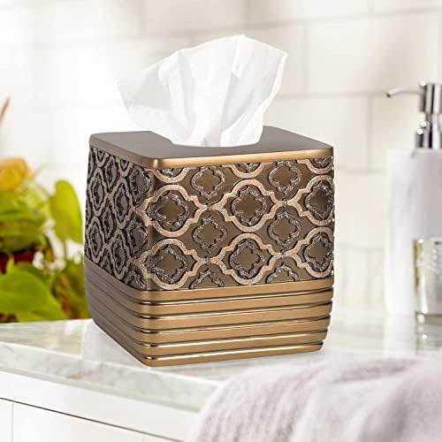 Zahari Home 2pc Spindle Modern Bath Accessories Set Waste Basket & Tissue Box Modern Classic Contemporary Decorative Beautiful Designs Bathroom Decor Set for Home Gold Complete Bathroom Sets - Image 3