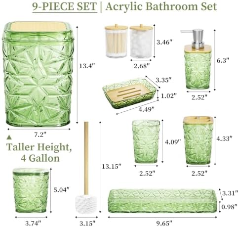 Bathroom Accessory Set, 9-Piece Green Bathroom Set with Trash Can, Toilet Brush, Soap Dispenser, Soap Dish, Toothbrush Holder, Tumbler, Q-tip Holders & Tray, for Hotel/Apartment, Housewarming Gift - Image 2