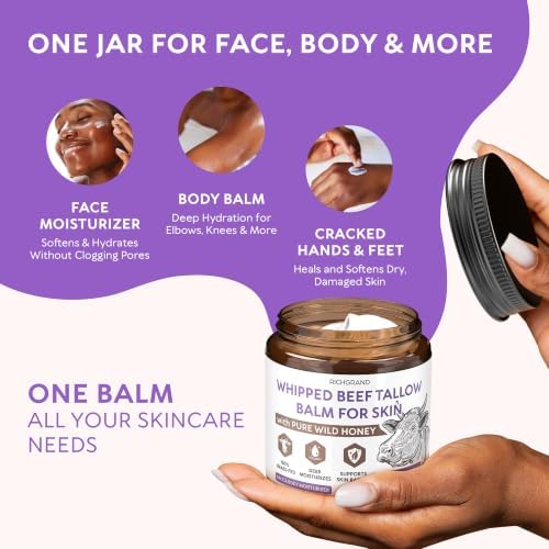 RICHGRAND Beef Tallow for Skin - Whipped Tallow and Honey Balm - Grass Fed Beef Tallow for Face, Daily Moisturizer & Body Butter - Natural Non Comedogenic Skincare - Image 5
