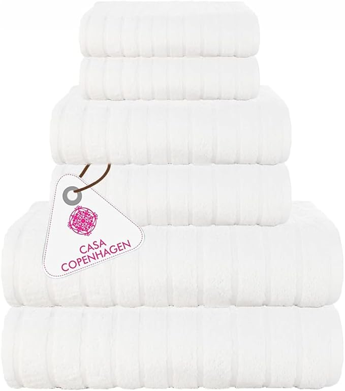 CASA COPENHAGEN Ecstatic 6Pcs 100% Egyptian Cotton Large Designer Towels Gift Set- Full White, 600GSM, 2Bath 2Hand 2Washcloths, Bath Towels for Bathroom Set for Women & Men