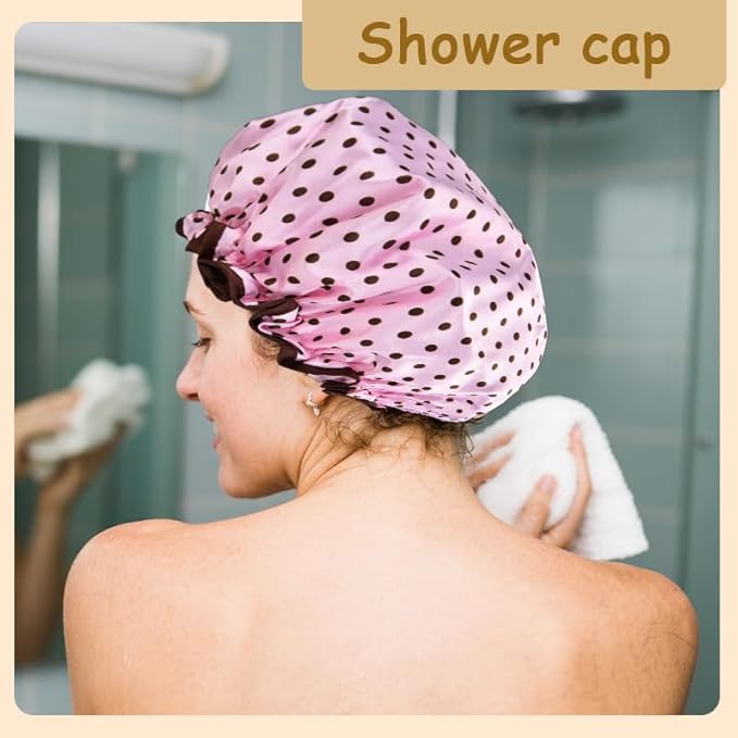 Vintage Polka Dot Shower Cap for Long Short Hair Caps for Shower Reusable Waterproof Double Layer Bath Cap for Women Adjustable Pink Polka Dot Print Bath Caps for Braids Womens Christmas Gift Ideas