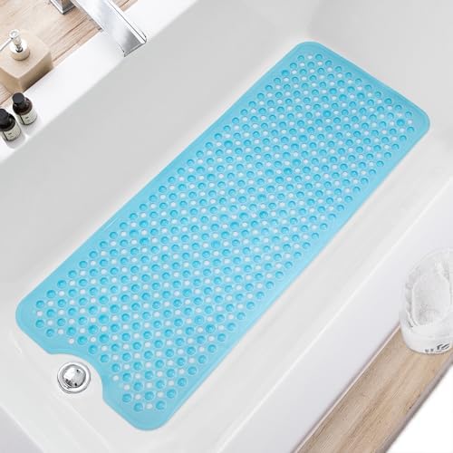 TEESHLY Bath Tub and Shower Mats, Non Slip 40 x 16 Inch Extra Large Bathtub Mat, Machine Washable Bathmat with Drain Holes, Suction Cups for Bathroom Floor, Clear Blue by TEESHLY