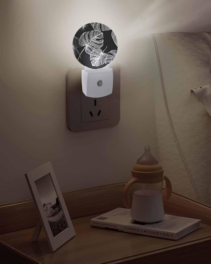 Night Lights Auto Sensor Black Palm Leaves Night Light Summer Tropical Branches Round Lamp Plug-in LED Nightlights Dusk to Dawn for Living Room Bedroom Bathroom Hallway Wall Decor