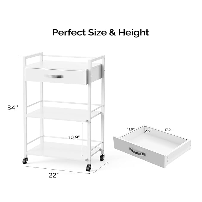 OmySalon Salon Trolley Cart with Wheels, Esthetician Cart with 1 Drawer & 2 Trays, Mobile Storage Organizer for Beauty Spa Massage Tattoo Esthetic Facial Tool Holder Station, White