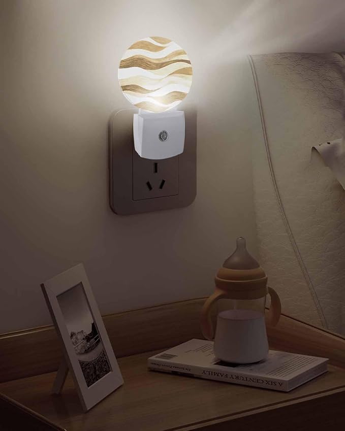 Night Lights Auto Sensor Brown Ocean Waves Night Light Abstract Mountain Stripes Round Lamp Plug-in LED Nightlights Dusk to Dawn for Living Room Bedroom Bathroom Hallway Wall Decor