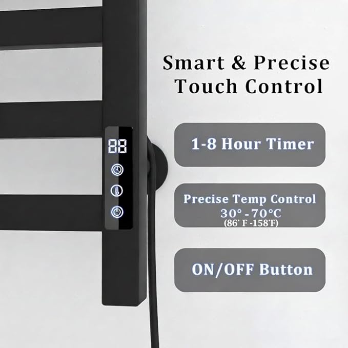 8-Bar Towel Warmer with with Top Warmer Shelf, Electric Towel Rack Set with Fast Heating, Auto Shut-Off Timer, Matte Black Finish, Hardwired or Plug-in, Hot Towels in Bathroom