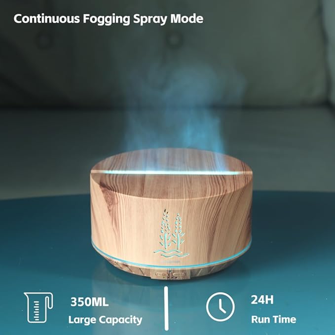 Ultrasonic Essential Oil Diffuser, 500ml Aroma Air Diffuser for Home Bedroom Large Room, 32H Cool Mist Oil Diffuser, 7 Colors Fire Night Light & Flame Wood Grain Aromatherapy Diffusers for Office