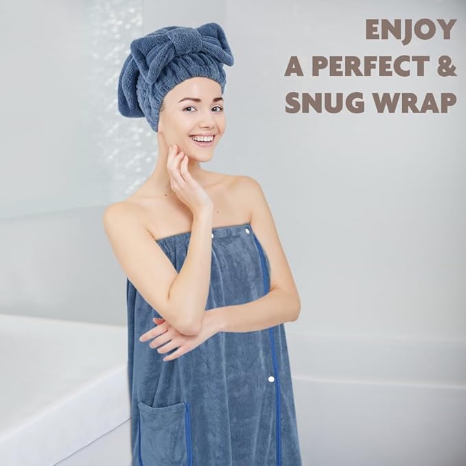 SUNLAND Microfiber Women Bath Towel Wrap and Hair Drying Towel Set,Adjustable Soft Body Wraps Dress with Hair Towels, Super Absorbent to Quick Drying 32 Inch x 60 Inch Dark Blue