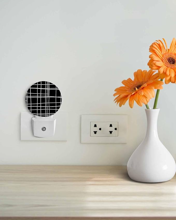 Night Lights Auto Sensor Black Checked Plaid Night Light Minimalist Grid Lines Round Lamp Plug-in LED Nightlights Dusk to Dawn for Living Room Bedroom Bathroom Hallway Wall Decor