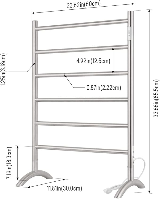 Freestanding Towel Warmer 6 Bars Plug-in Option 3 Working Modes Brushed Stainless Steel 24” W 34” H