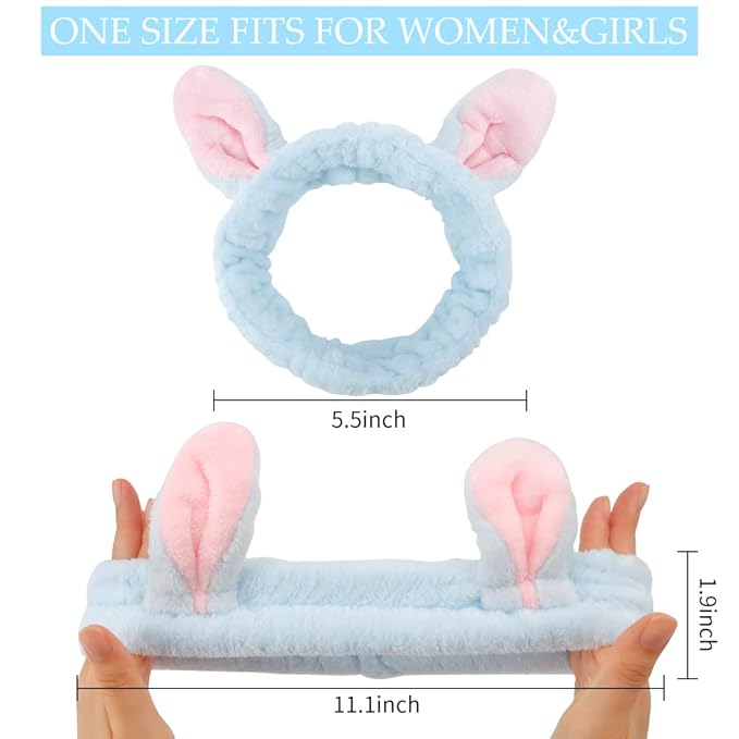AHONEY Bunny Ears Headband, 4Pcs Skin Care Headbadns Fuzzy Headband for Washing Face Kawaii Makeup Cute Headbands Coral Fleece Elastic Hair Band Easter Bunnies Cosmetic