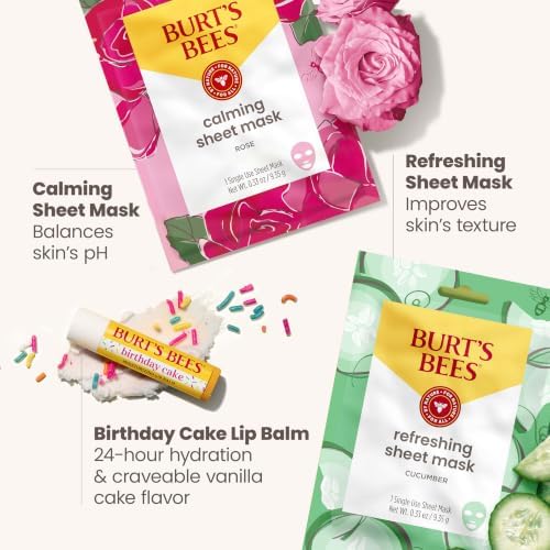Burts Bees Birthday Kit, Birthday Cake Lip Balm, 100% naturally derived lip balm gift set, Refreshing Sheet Mask with Cucumber, Calming Sheet Mask with Rose, 0.15 oz./0.33 oz./0.33 oz. - Image 3