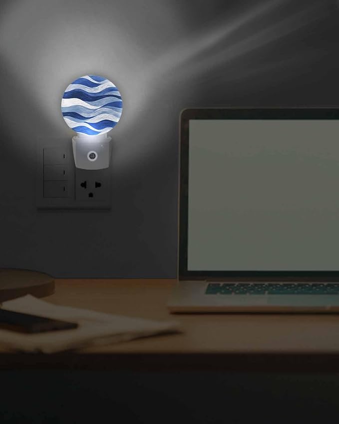 Night Lights Auto Sensor Navy Blue Ocean Waves Night Light Abstract Mountain Stripes Round Lamp Plug-in LED Nightlights Dusk to Dawn for Living Room Bedroom Bathroom Hallway Wall Decor