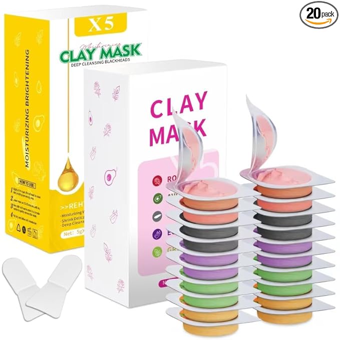 Clay Mask Set 20 Pods, Face Mask Skin Care, Green Tea, Turmeric, Dead Sea Mud, Rose, 24K Gold, Eggplant, Avocado, Mud Mask Deep Cleansing Skin, Blackhead Removal, Men & Women Facial Mask