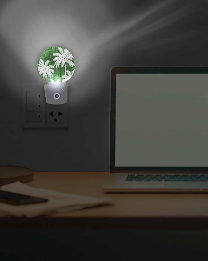 Night Lights Auto Sensor Tropical Palm Trees Night Light Forest Green Linen Coastal Round Lamp Plug-in LED Nightlights Dusk to Dawn for Living Room Bedroom Bathroom Hallway Wall Decor