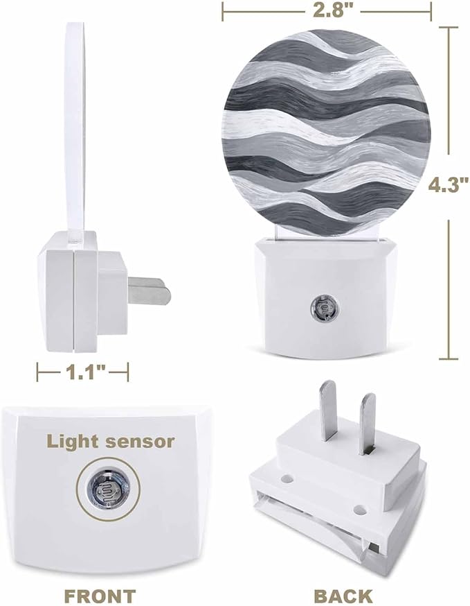 Night Lights Auto Sensor Grey Ocean Waves Night Light Abstract Mountain Stripes Round Lamp Plug-in LED Nightlights Dusk to Dawn for Living Room Bedroom Bathroom Hallway Wall Decor