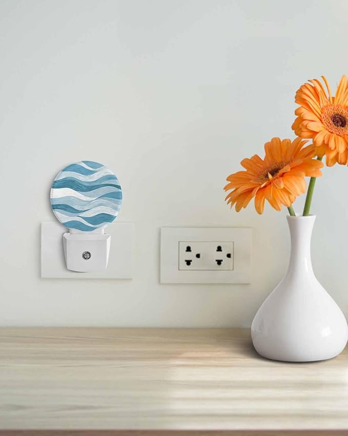 Night Lights Auto Sensor Teal Blue Ocean Waves Night Light Abstract Mountain Stripes Round Lamp Plug-in LED Nightlights Dusk to Dawn for Living Room Bedroom Bathroom Hallway Wall Decor