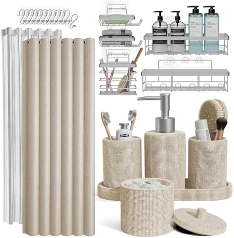Clara Clark Bathroom Set - Beige Bathroom Accessories Set, 24PC Bathroom Accessory Set, Bathroom Sets with Shower Curtain Set, Adhesive Corner Shower Caddy Hanging & Soap Dispenser by ClaraClark