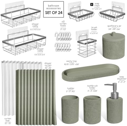 Clara Clark Sage Green Bathroom Set - Bathroom Accessories Set, 24PC Bathroom Accessory Set, Bathroom Sets with Shower Curtain Set, Adhesive Corner Shower Caddy Hanging & Soap Dispenser - Image 2