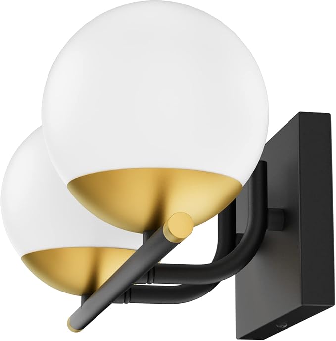 Ralbay Black and Gold Bathroom Vanity Light 2-Light Mid Century Modern Vanity Light Fixtures Black Milky Glass Globe Wall Light for Bathroom