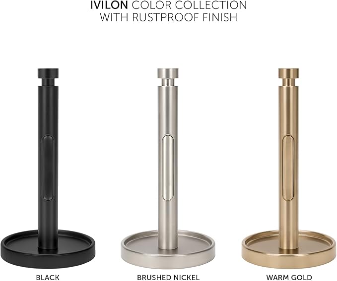 Ivilon Countertop Paper Towel Holder - Weighted Heavy Duty Steel Stand with Non-Slip Base for a Steady One-Handed One Sheet Tear - Fits All Rolls - Black